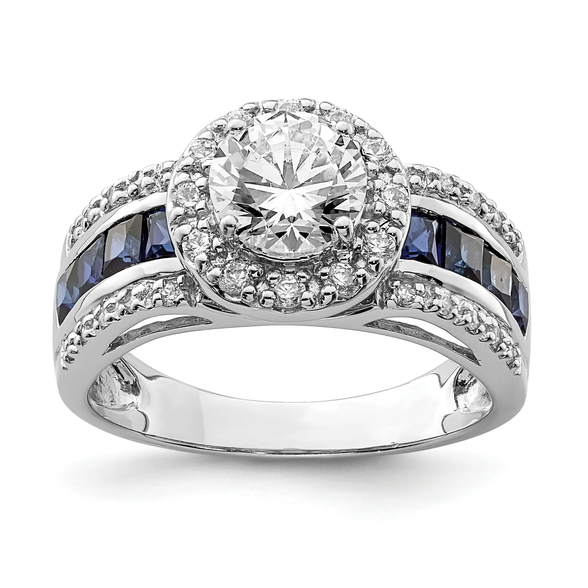 3.29 Ct Princess Blue Lab Created Sapphire & CZ Prong Sterling Silver Rhodium Plated Halo Ring sold by Zulily