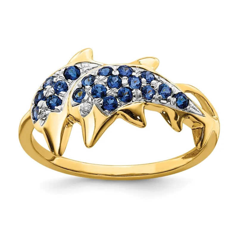 0.57 Ct Blue Sapphire and Diamond Prong 14k Yellow Gold Two Dolphins Ring made by Zulily