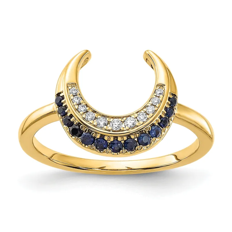 0.25 Ct Round Blue Sapphire & Diamond Pavé 14K Yellow Gold Horseshoe Curved Band Moon Ring made by Zulily