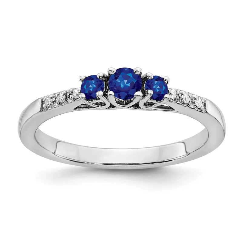 0.34 Ct Round Blue Sapphire and Diamond Prong 14k White Gold Three stone Ring made by Zulily