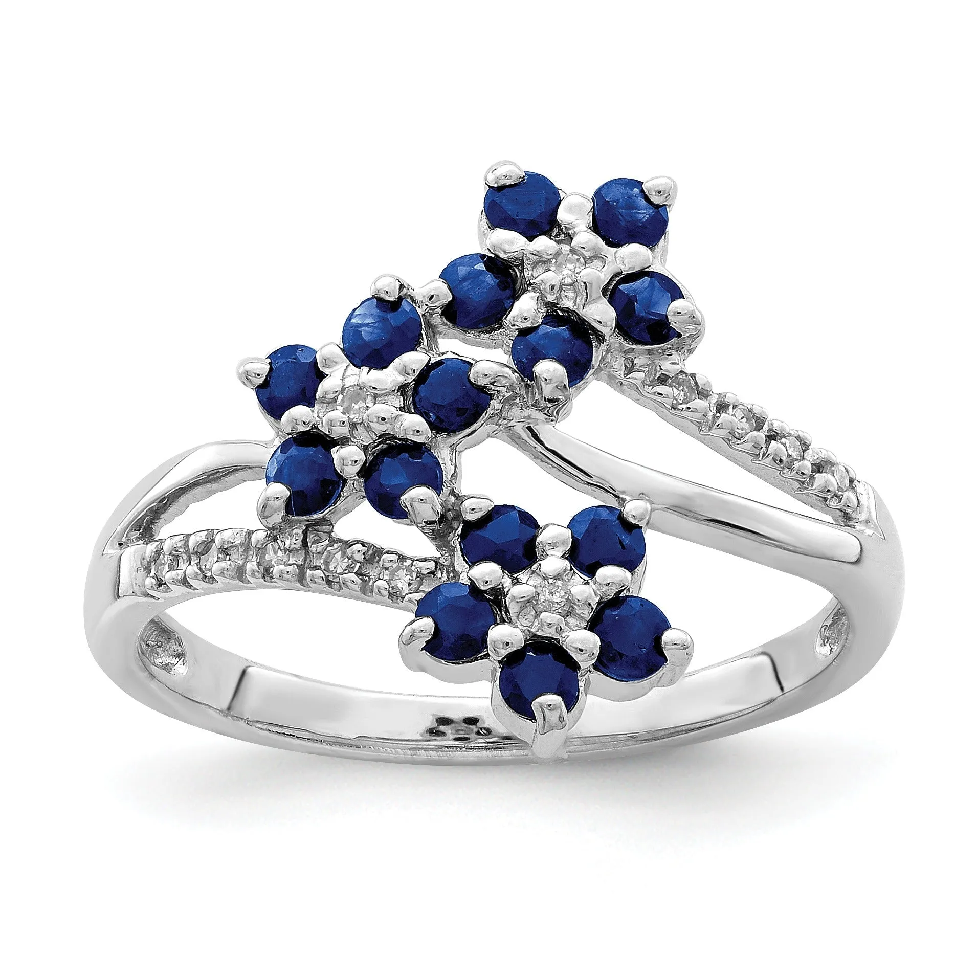 0.6 Ct Blue Sapphire & Diamond Prong Rhodium-Plated Sterling Silver Three-Flower Ring sold by Zulily product image thumbnail 4