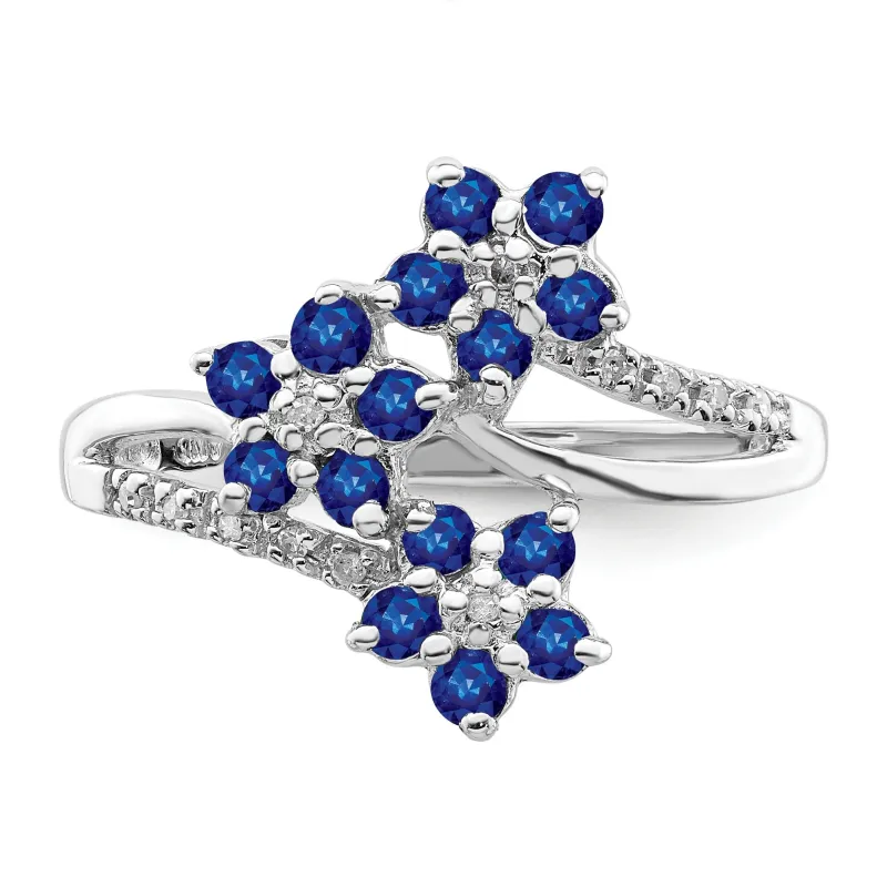 0.6 Ct Blue Sapphire & Diamond Prong Rhodium-Plated Sterling Silver Three-Flower Ring made by Zulily