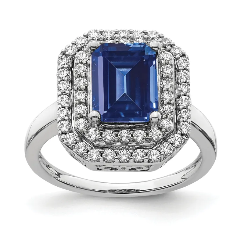 Emerald Cut Lab Created Blue Sapphire and Diamond 14K White Gold Double Halo Ring made by Zulily