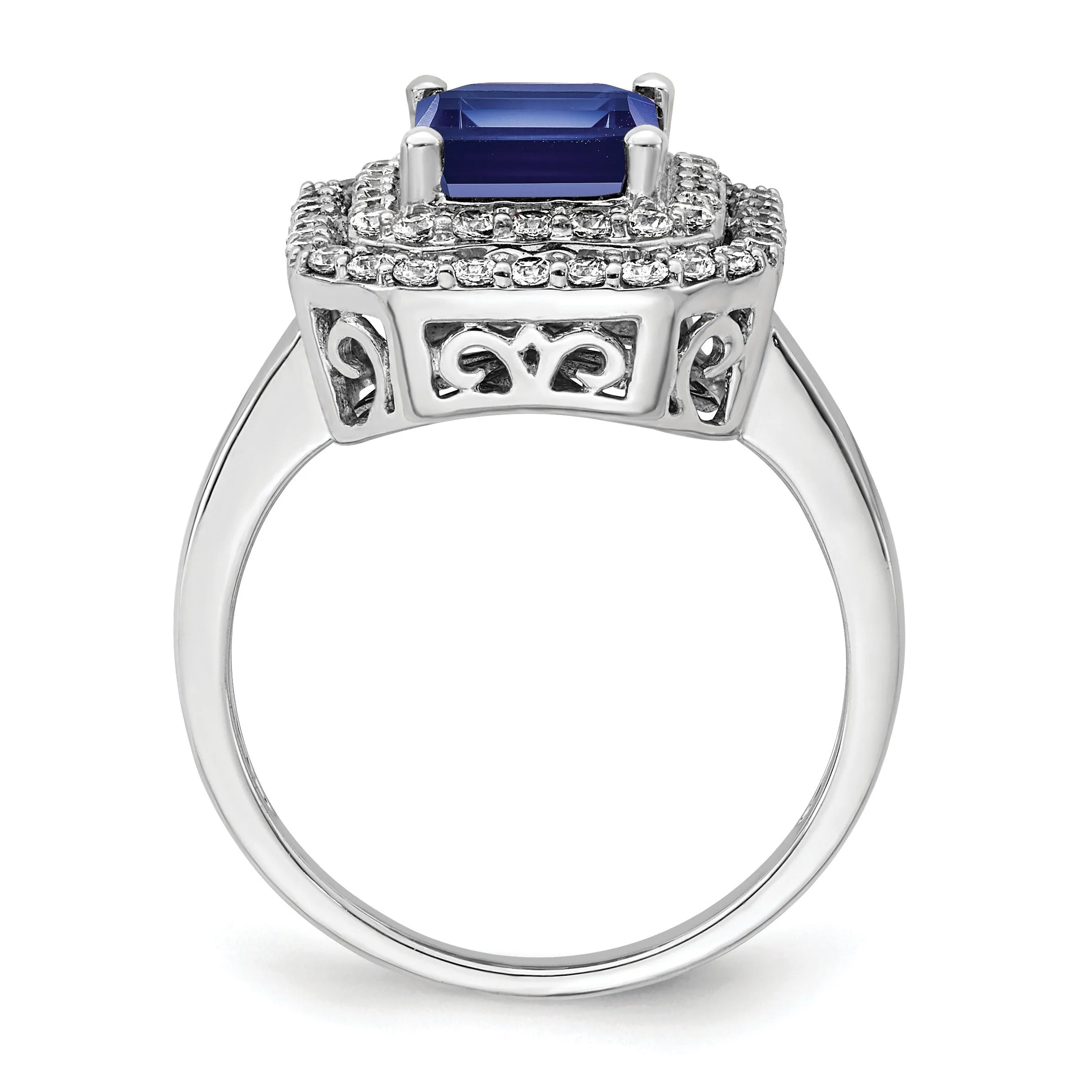 Emerald Cut Lab Created Blue Sapphire and Diamond 14K White Gold Double Halo Ring sold by Zulily product image thumbnail 3