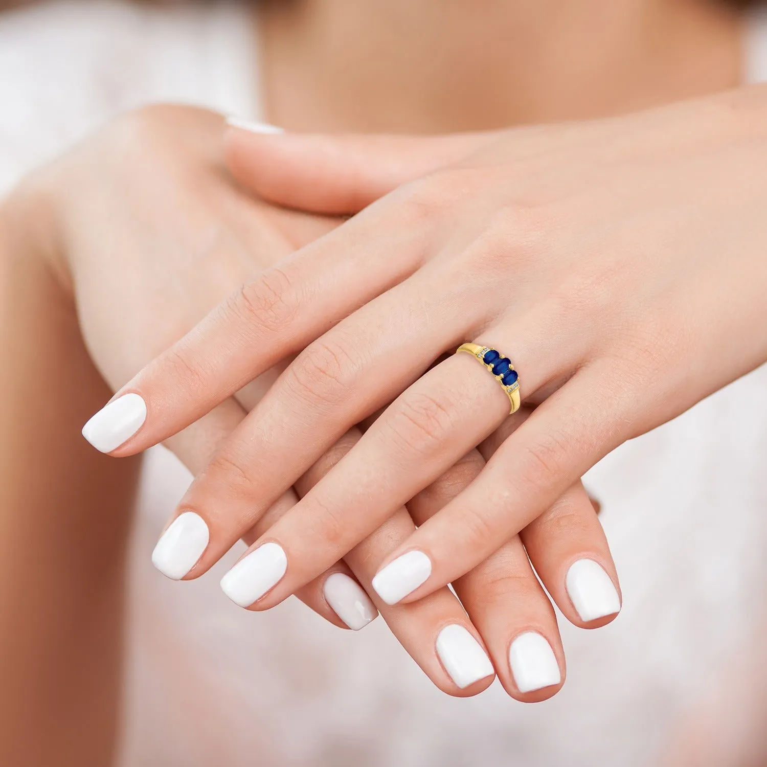 0.79 Ct Oval Blue Sapphire and Diamond Prong 14K Yellow Gold Three Stone Ring sold by Zulily product image thumbnail 2