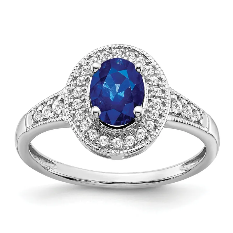 0.68 Ct Oval Lab Created Blue Sapphire and Diamond Prong 14K White Gold Halo Side Pave Ring made by Zulily
