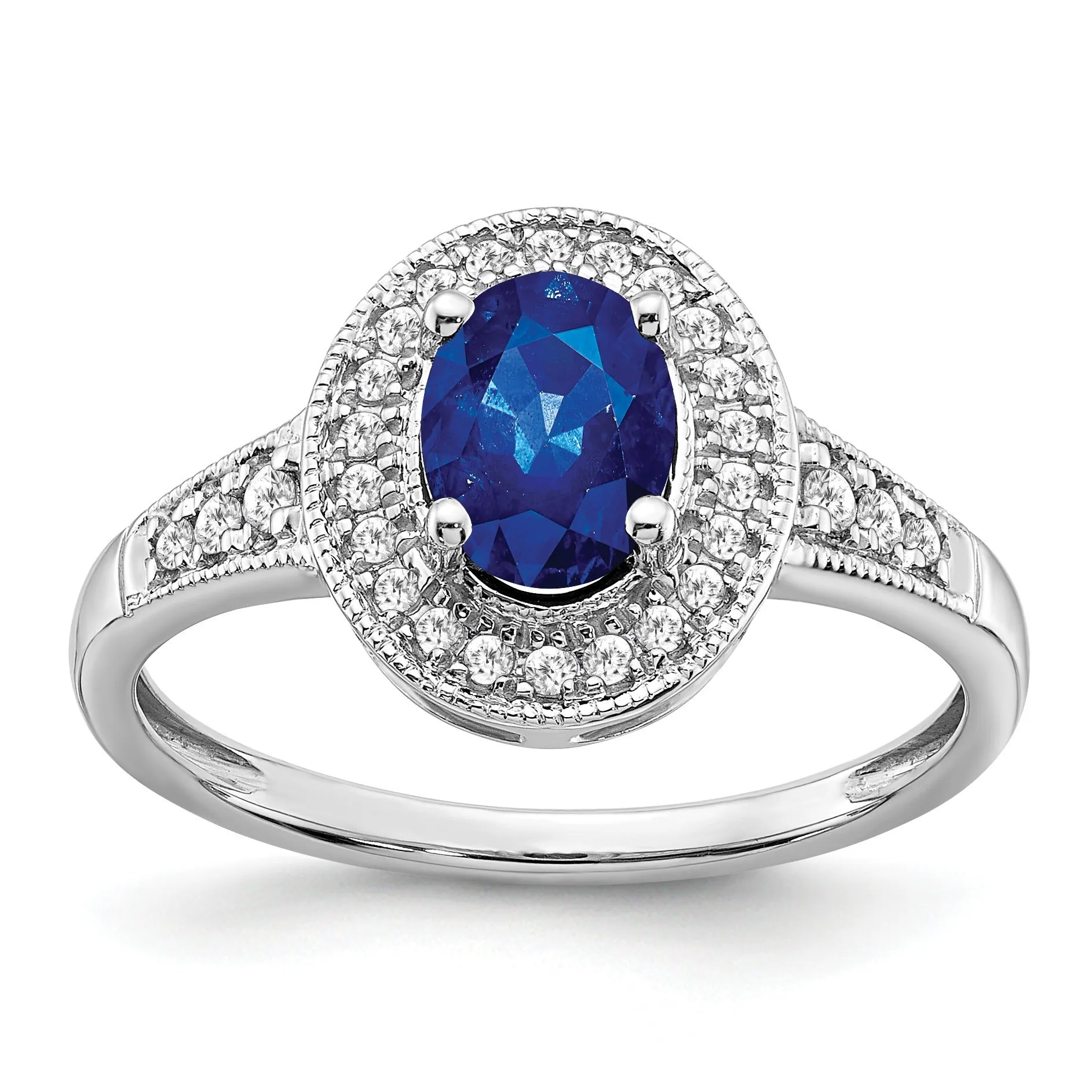 0.68 Ct Oval Lab Created Blue Sapphire and Diamond Prong 14K White Gold Halo Side Pave Ring sold by Zulily