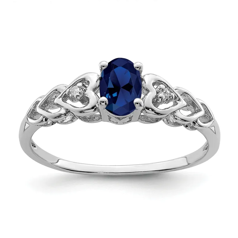 0.60 Ct Oval Blue Created Sapphire & Diamond Prong Rhodium-Plated Silver Heart Band Ring made by Zulily