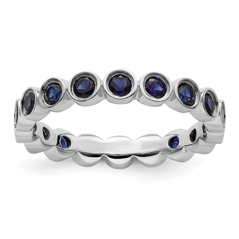 1.29 Ct Round Blue Created Sapphire Bezel Silver Eternity Stackable Ring made by Zulily
