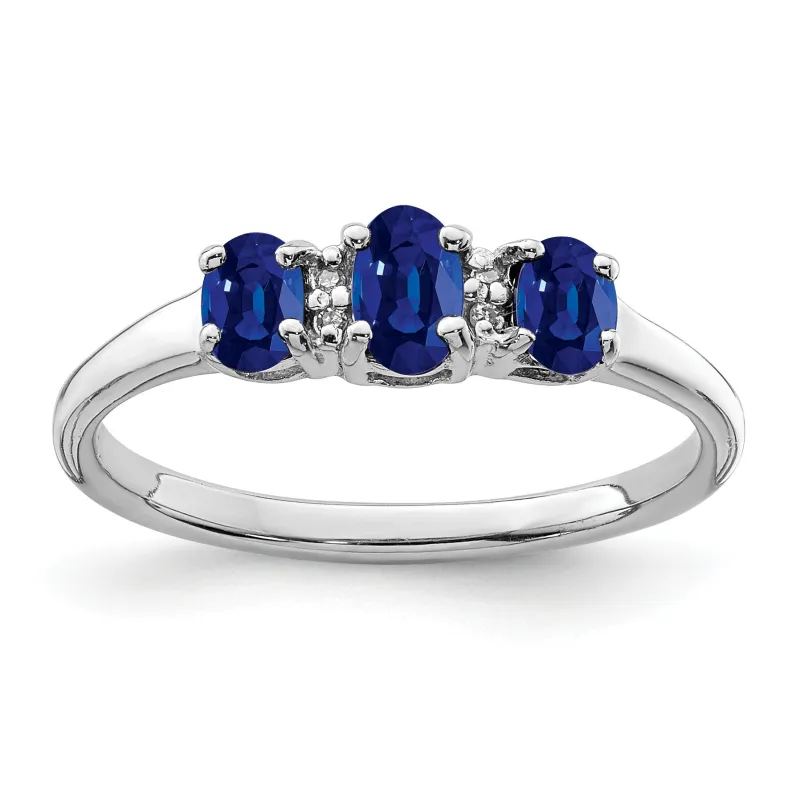0.85 Ct Oval Blue Sapphire & Diamond Prong Rhodium-Plated Sterling Silver Three Stone Ring made by Zulily