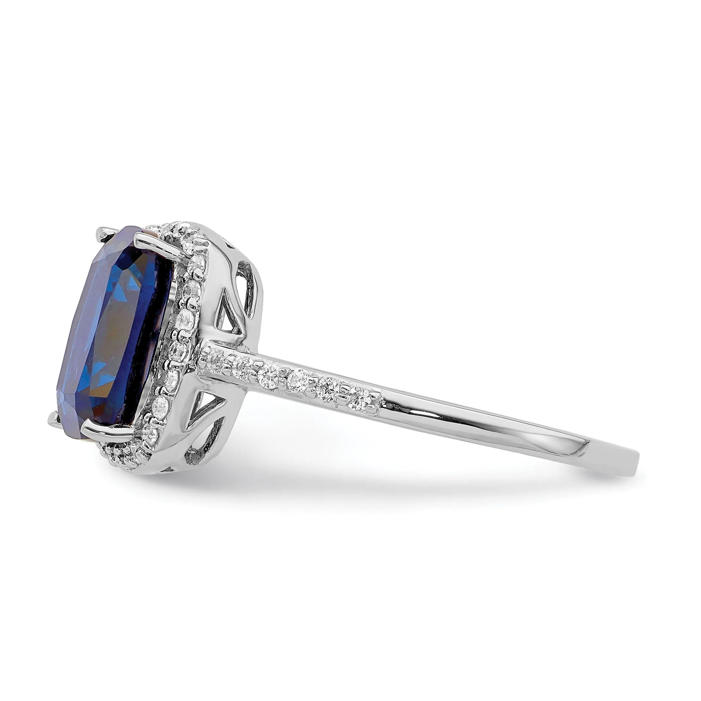 2.3 Ct Cushion Blue Created Sapphire & CZ Prong Rhodium-Plated Silver Halo Pave Band Ring sold by Zulily product image thumbnail 4