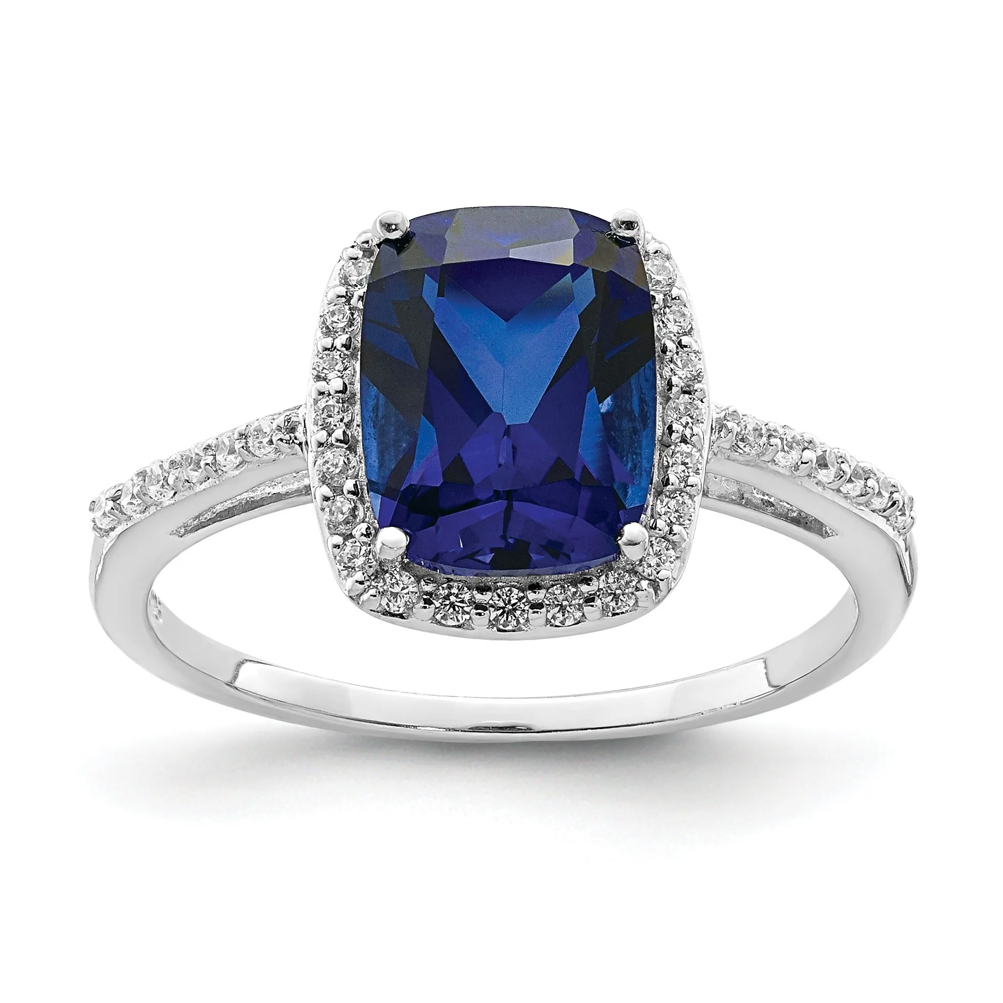2.3 Ct Cushion Blue Created Sapphire & CZ Prong Rhodium-Plated Silver Halo Pave Band Ring sold by Zulily