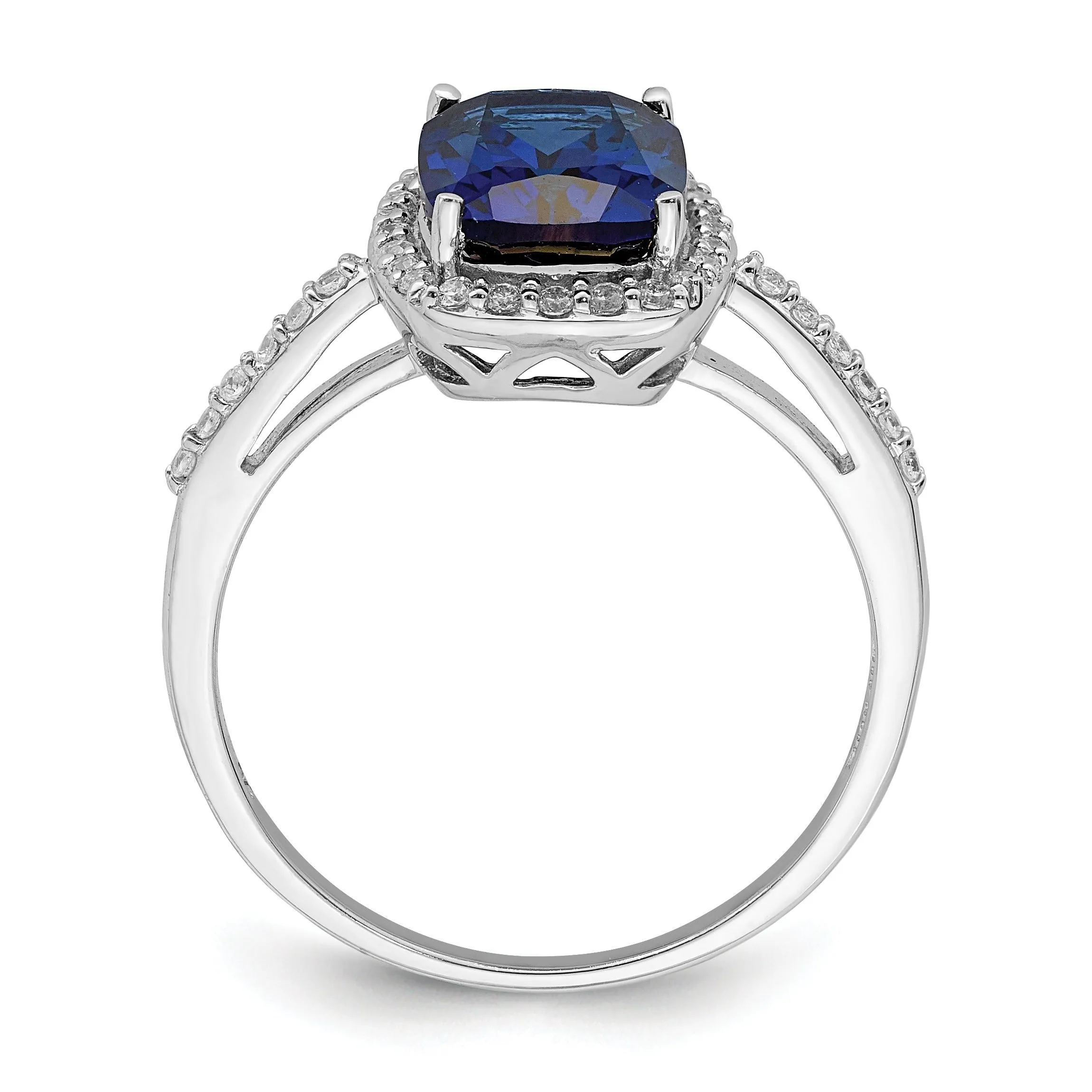 2.3 Ct Cushion Blue Created Sapphire & CZ Prong Rhodium-Plated Silver Halo Pave Band Ring sold by Zulily product image thumbnail 5