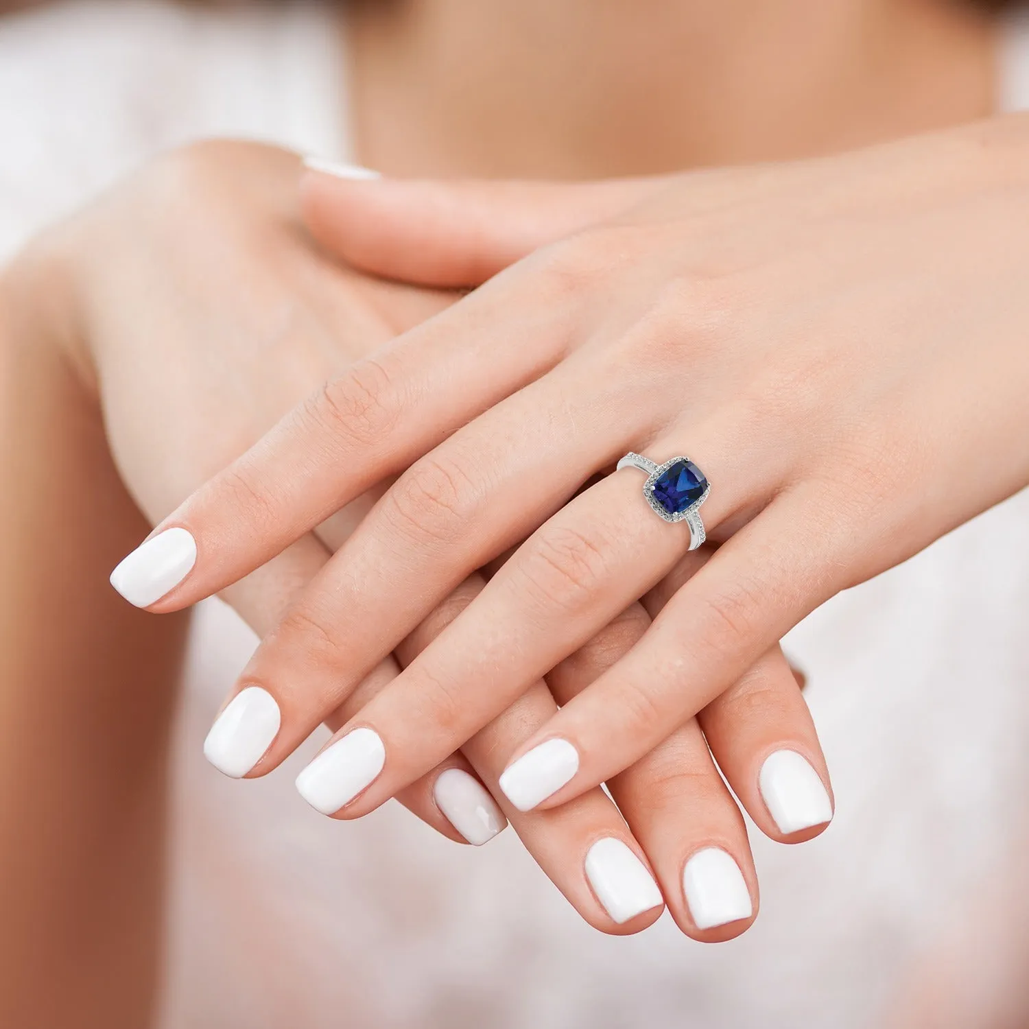 2.3 Ct Cushion Blue Created Sapphire & CZ Prong Rhodium-Plated Silver Halo Pave Band Ring sold by Zulily product image thumbnail 2