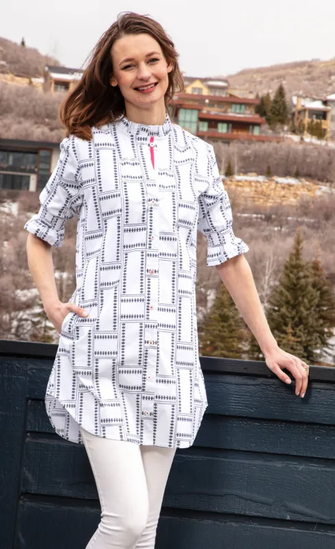 Big Shirt Tunic with Ruffle Sleeves White Geo made by Zulily