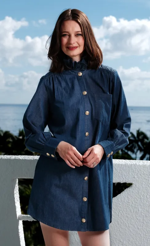 Denim Tunic with Ruffle Neck and Side Pockets made by Zulily