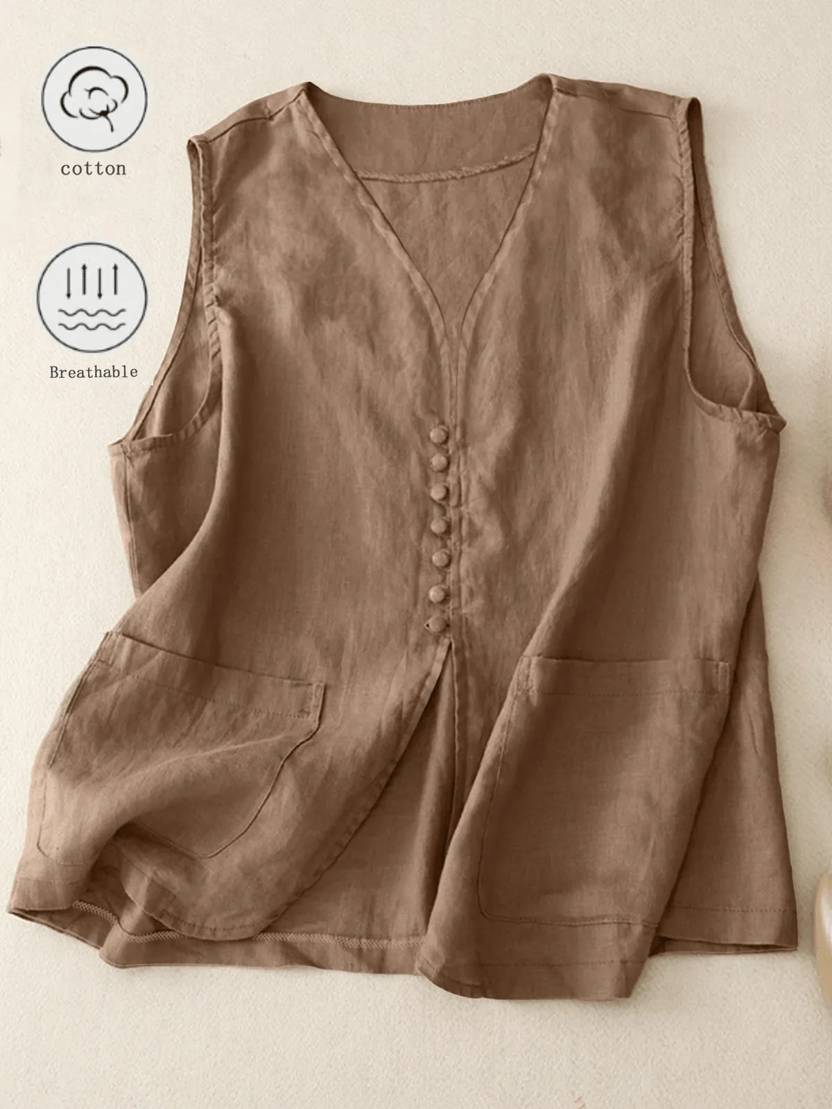 Chic YC Women's Linen Blend V-Neck Button-Down Vest Casual Sleeveless Summer Top with Pockets sold by Zulily product image thumbnail 5