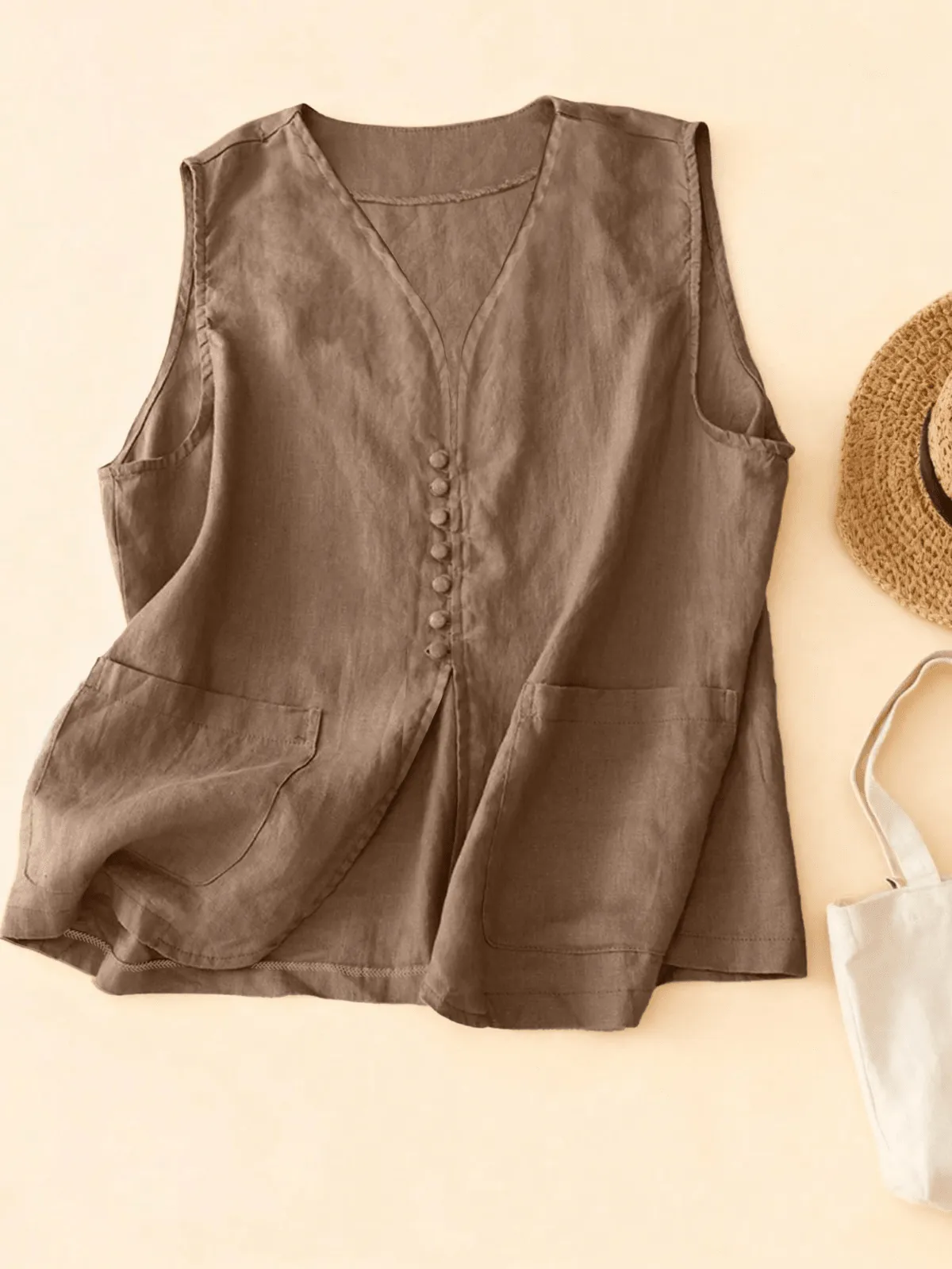 Chic YC Women's Linen Blend V-Neck Button-Down Vest Casual Sleeveless Summer Top with Pockets sold by Zulily product image thumbnail 2