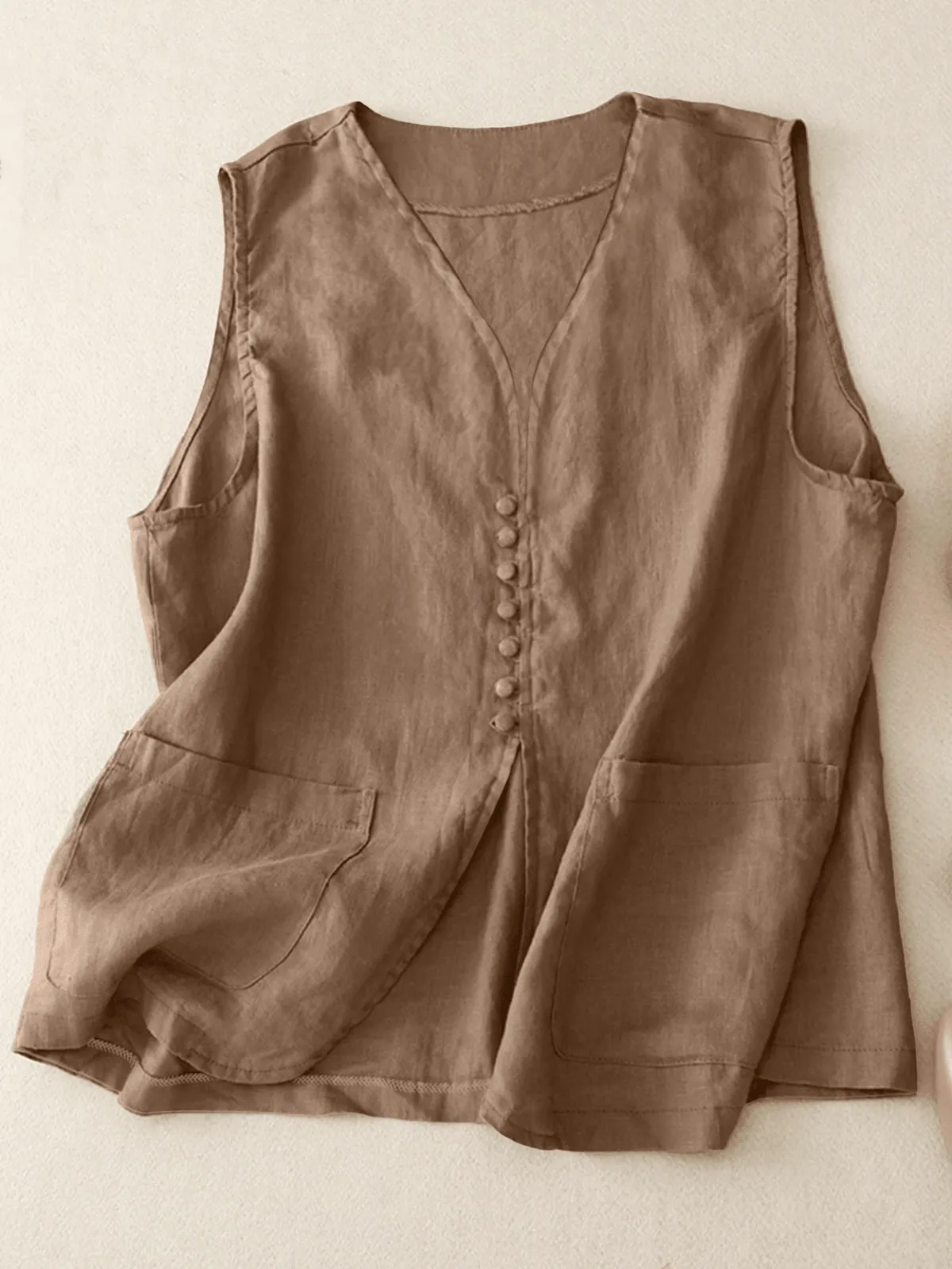 Chic YC Women's Linen Blend V-Neck Button-Down Vest Casual Sleeveless Summer Top with Pockets sold by Zulily product image thumbnail 3
