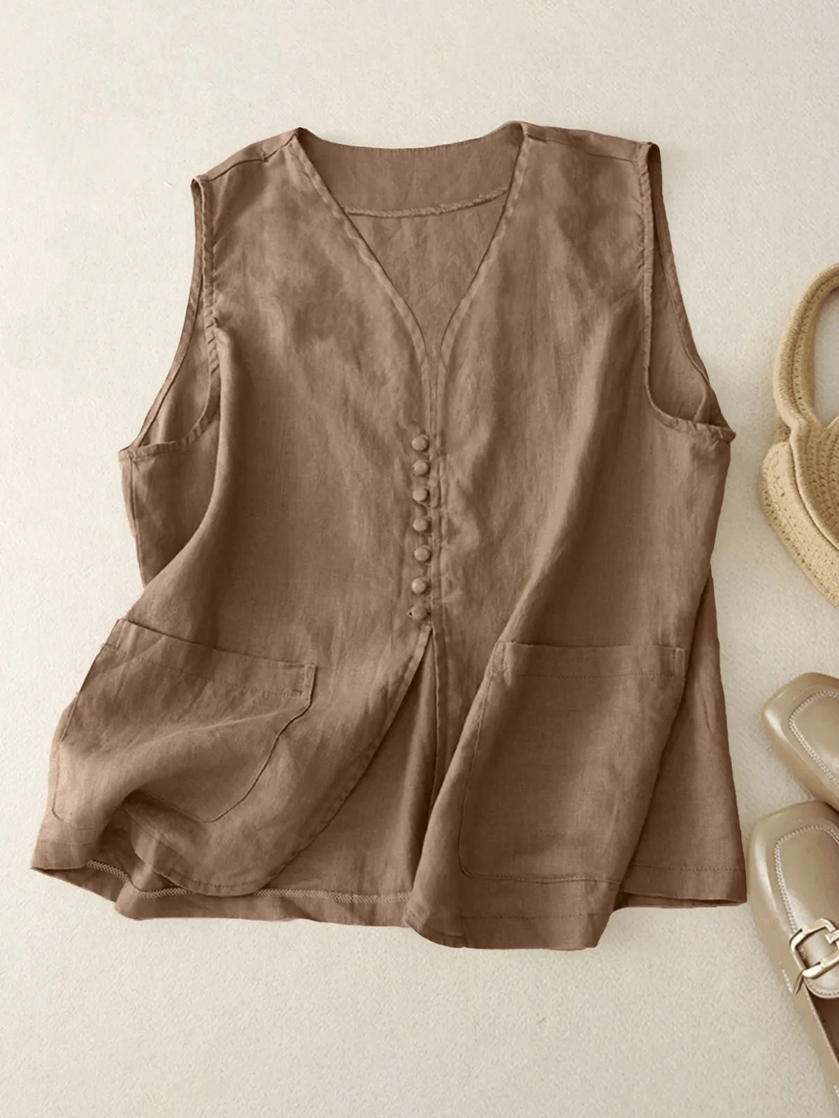 Chic YC Women's Linen Blend V-Neck Button-Down Vest Casual Sleeveless Summer Top with Pockets sold by Zulily product image thumbnail 4