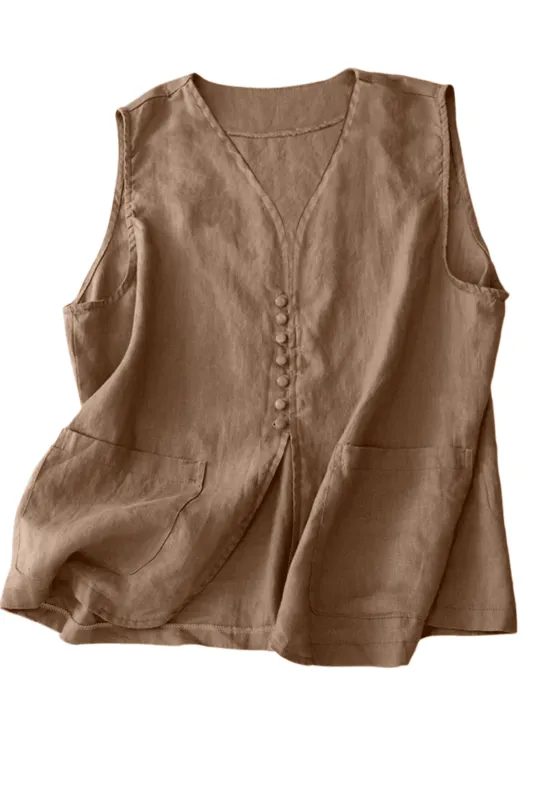 Chic YC Women's Linen Blend V-Neck Button-Down Vest Casual Sleeveless Summer Top with Pockets made by Zulily