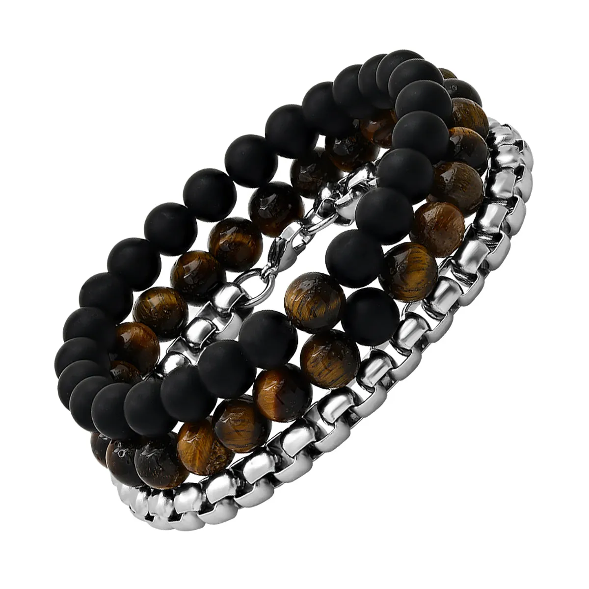 Tiger Eye Black Lava & Stainless Steel Box Chain Bracelet Stack sold by Zulily product image thumbnail 2