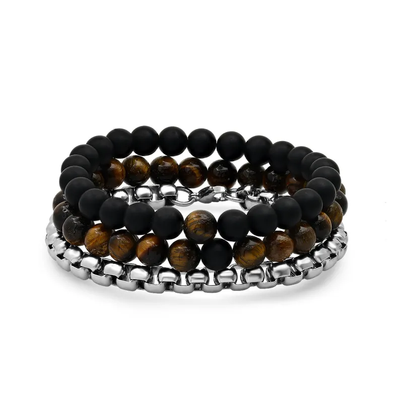 Tiger Eye Black Lava & Stainless Steel Box Chain Bracelet Stack made by Zulily
