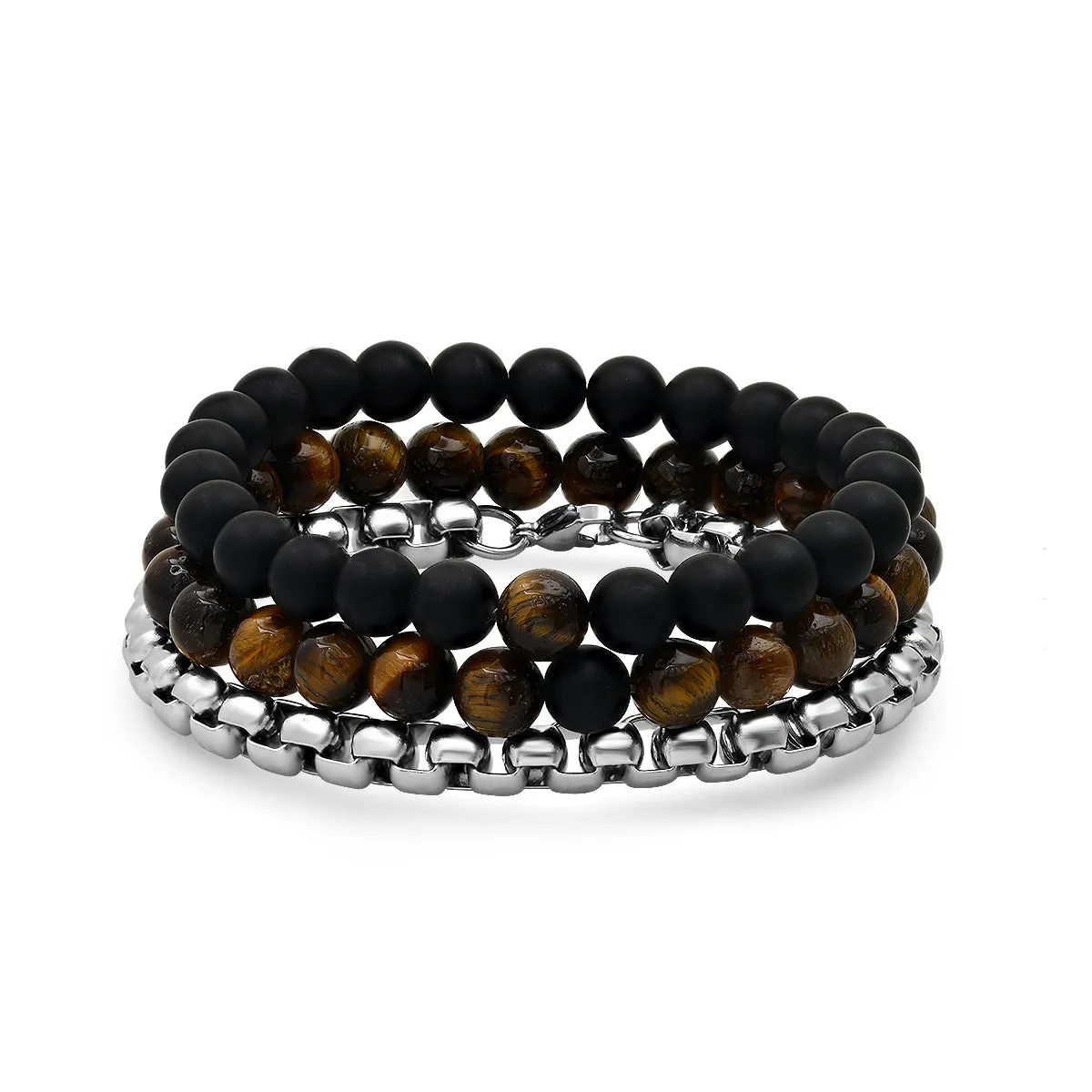 Tiger Eye Black Lava & Stainless Steel Box Chain Bracelet Stack sold by Zulily
