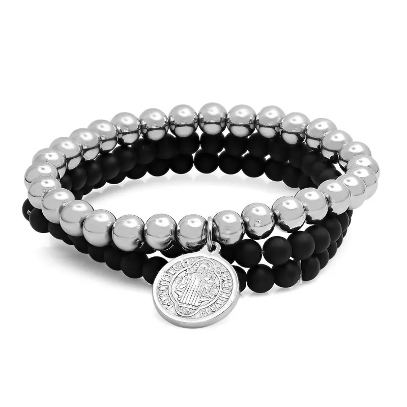 St Benedict Black Lava & Stainless Steel Beaded Bracelet Stack made by Zulily