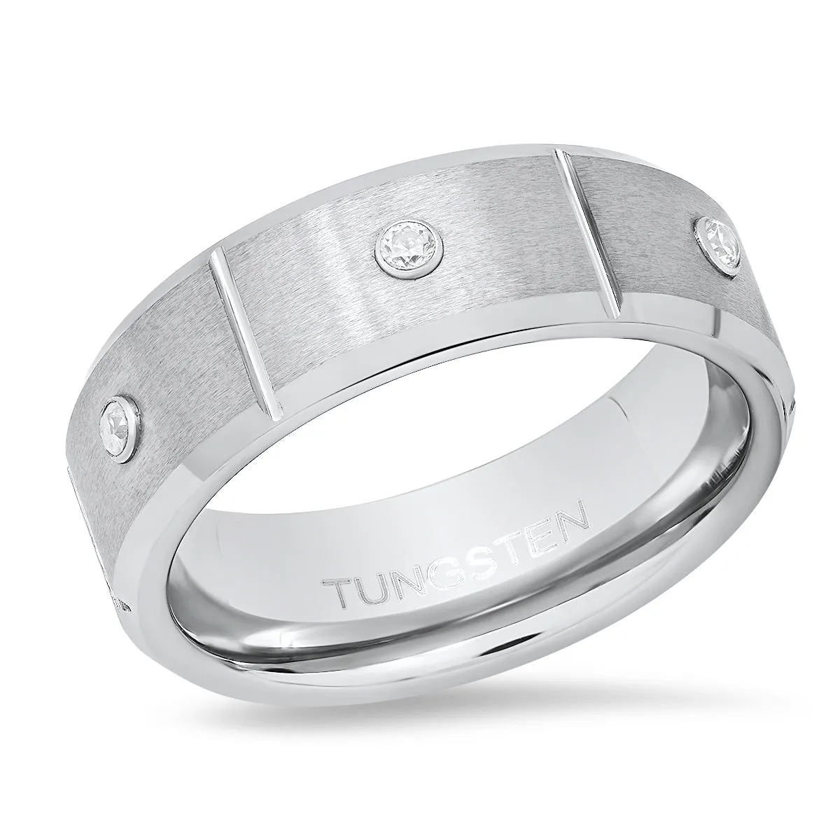 Tungsten Ring Band with Simulated Diamonds sold by Zulily