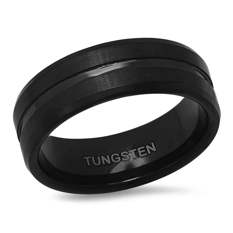 Black Ion Plated Tungsten Striped Ring Band made by Zulily