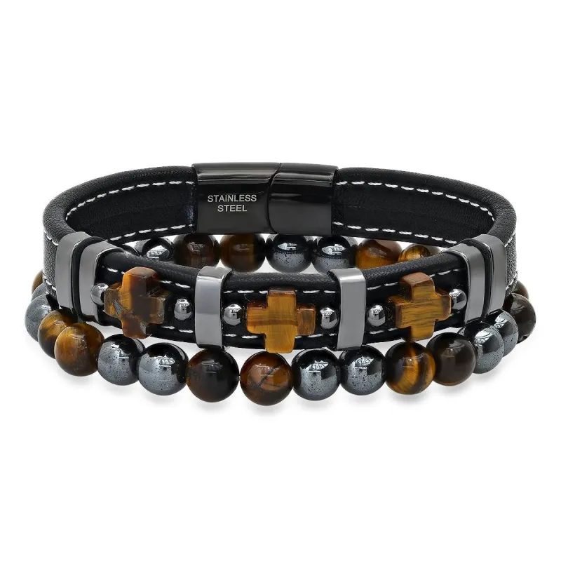 2Pc Set Black Leather, Tiger Eye Crosses And Black Ip Stainless Steel/Hematite & Tiger Eye Beaded Bracelets made by Zulily