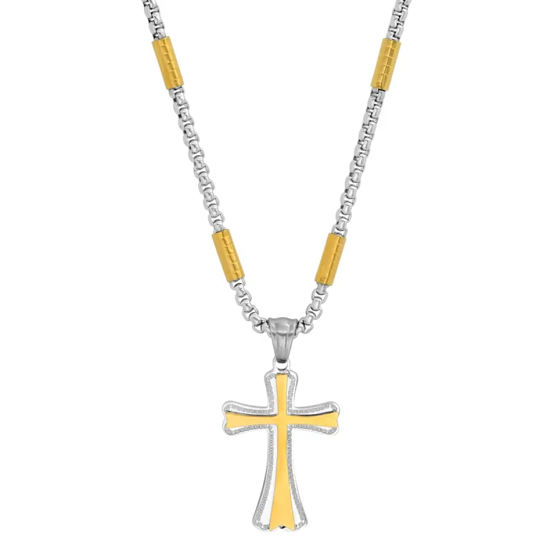 Two Tone Stainless Steel And 18K Gold Plated Tube Link Cross Pendant made by Zulily
