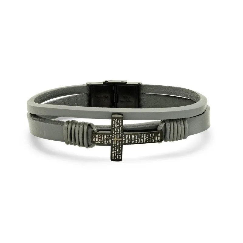 Gray Leather And Black Ip Stainless Steel Cross With Our Father Prayer Bracelet made by Zulily