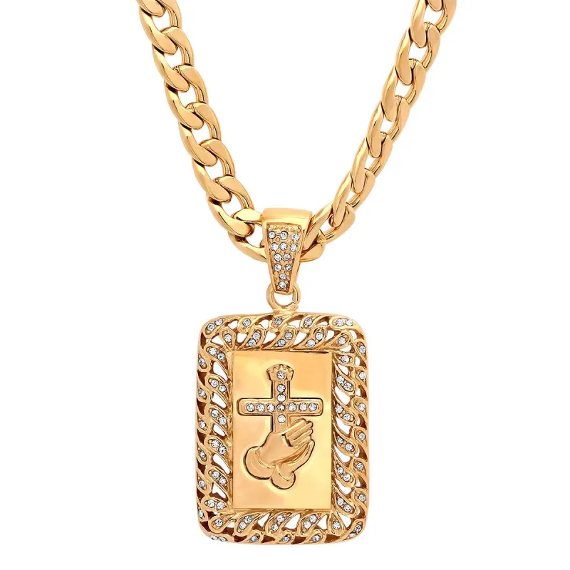 18K Gold Plated Stainless Steel Prayer Hands And Cross Pendant With Simulated Diamonds made by Zulily