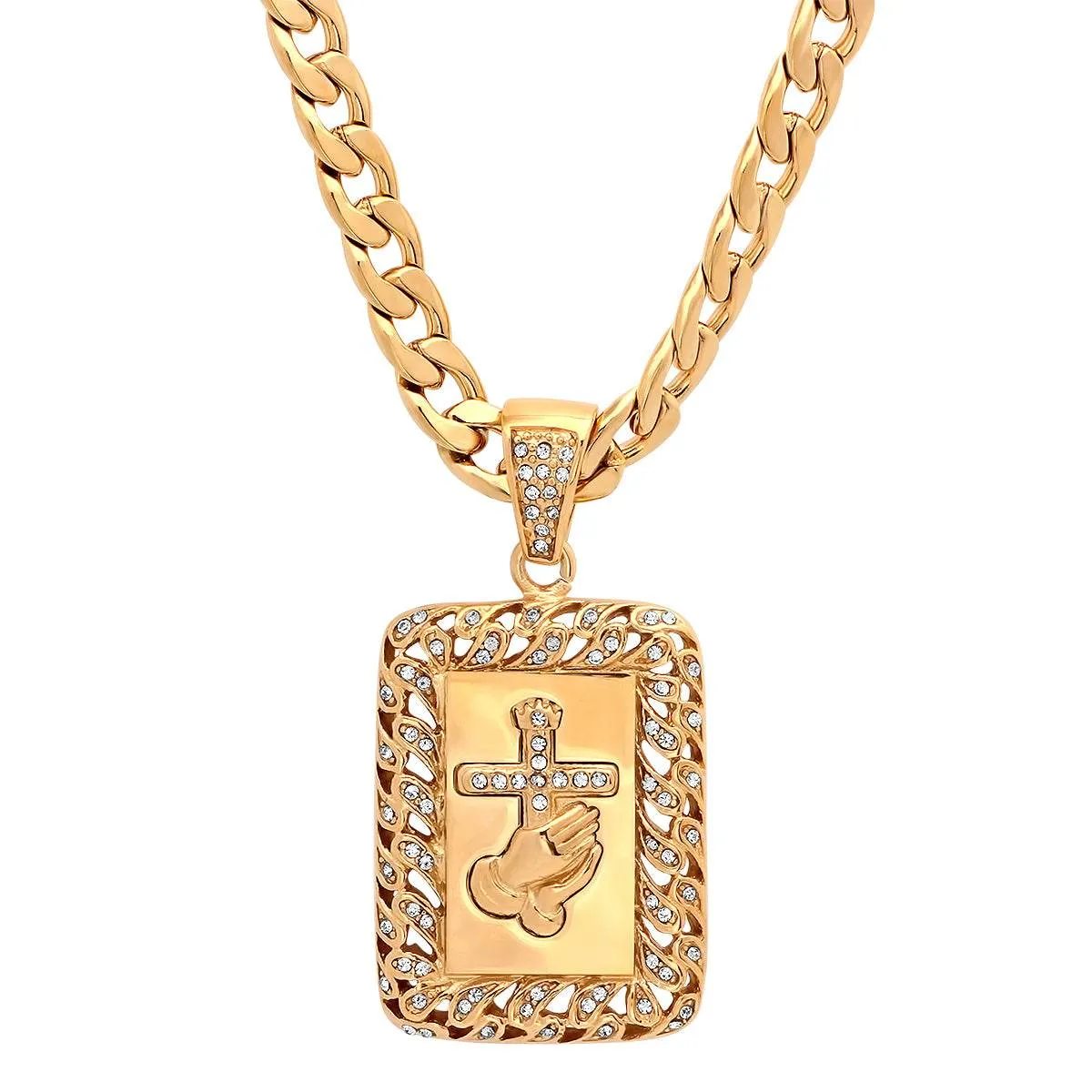 18K Gold Plated Stainless Steel Prayer Hands And Cross Pendant With Simulated Diamonds sold by Zulily