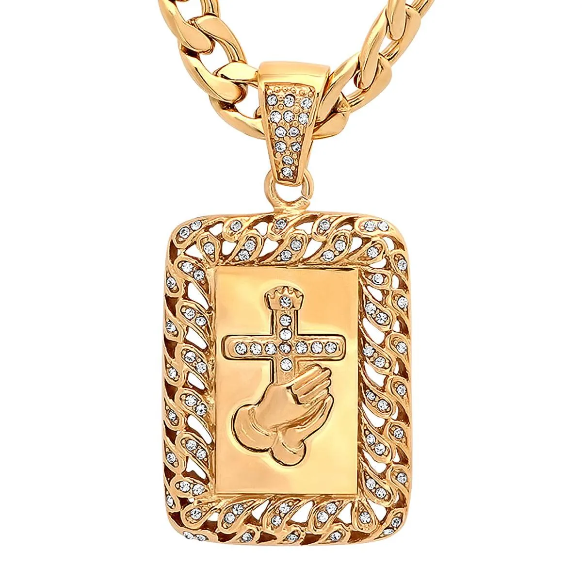 18K Gold Plated Stainless Steel Prayer Hands And Cross Pendant With Simulated Diamonds sold by Zulily product image thumbnail 2