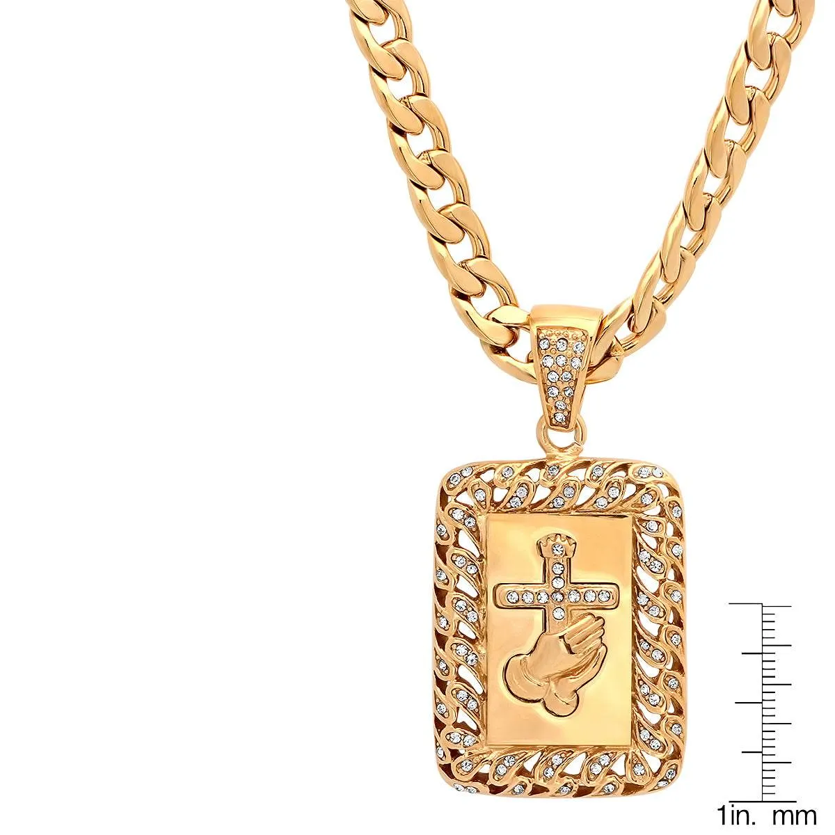 18K Gold Plated Stainless Steel Prayer Hands And Cross Pendant With Simulated Diamonds sold by Zulily product image thumbnail 3