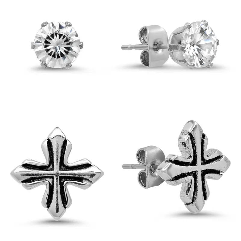 Stainless Steel Cross And Simulated Diamonds Stud Earrings Set made by Zulily