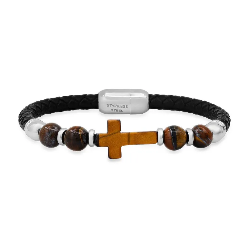 Braided Black Leather, Stainless Steel And Tiger Eye Cross Beads Bracelet made by Zulily