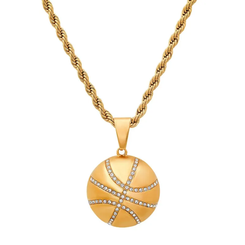 Round Basketball Stainless Steel Pendant With Simulated Diamonds made by Zulily