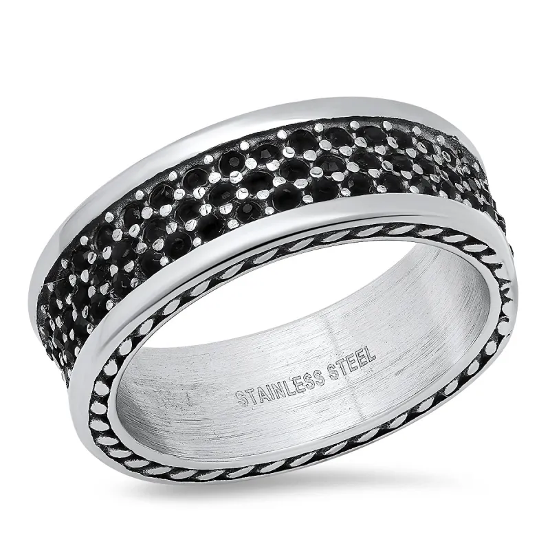 Stainless Steel Rope Chain Inlay And Simulated Black Diamonds Band Ring made by Zulily
