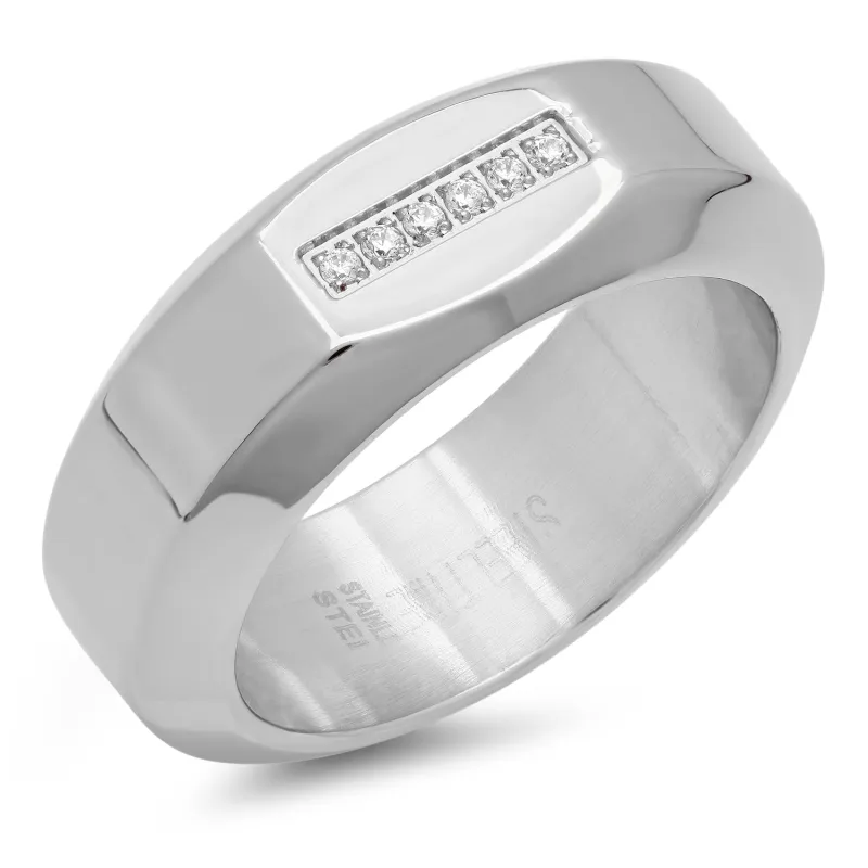 Stainless Steel Band Ring With Simulated Diamonds made by Zulily