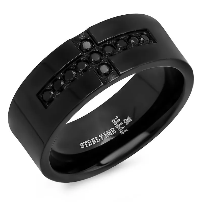 Black IP Band Ring With Simulated Diamond Cross Accent made by Zulily