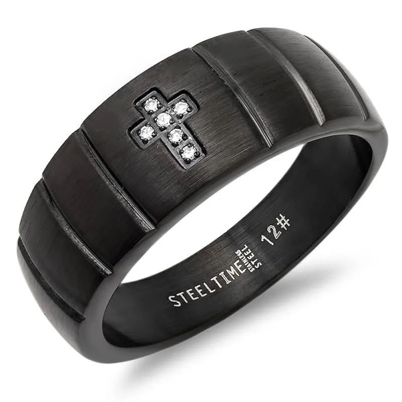 Black IP Stainless Steel And Simulated Diamond Cross Ring made by Zulily