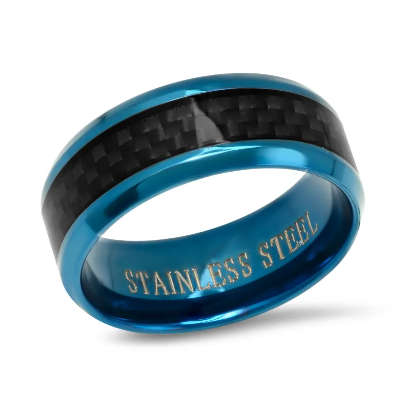 Blue IP Stainless Steel and Black Carbon Fiber Inlay Ring made by Zulily
