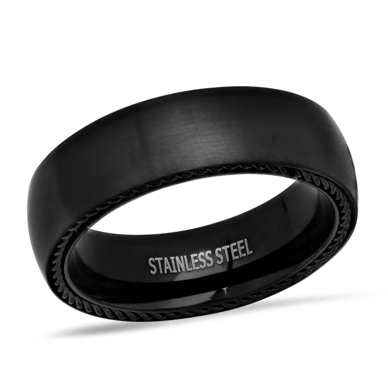 Black IP Stainless Steel Band Ring With Rope Inlay Accent made by Zulily