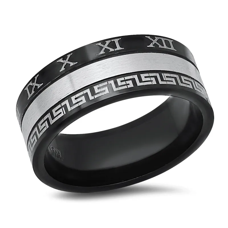 Stainless Steel Band Ring With Greek Key Accents & Roman Numerals made by Zulily