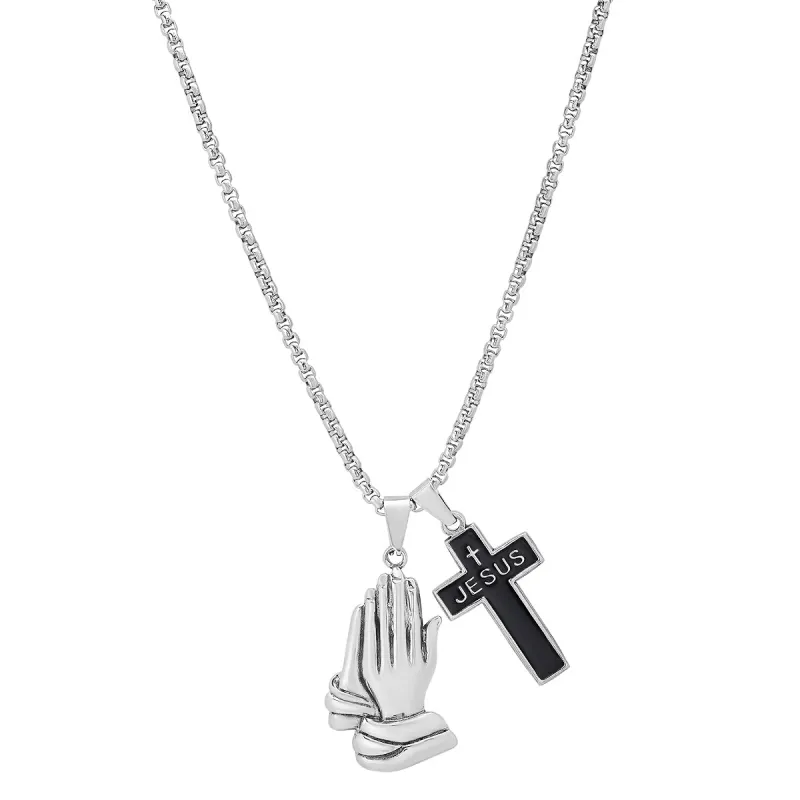 Stainless Steel And Black Enamel Cross ("Jesus") And Prayer Hands Pendants made by Zulily