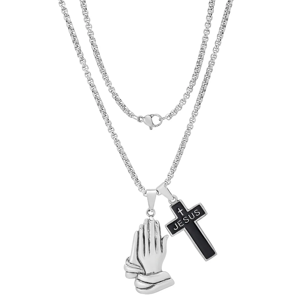 Stainless Steel And Black Enamel Cross ("Jesus") And Prayer Hands Pendants sold by Zulily product image thumbnail 2